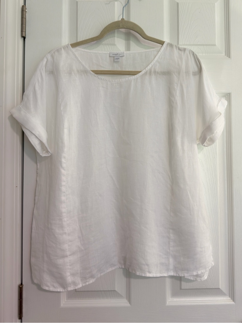 Pure Jill White 100% Linen Solid Woven Short Sleeve Scoop Neck Top Size S
